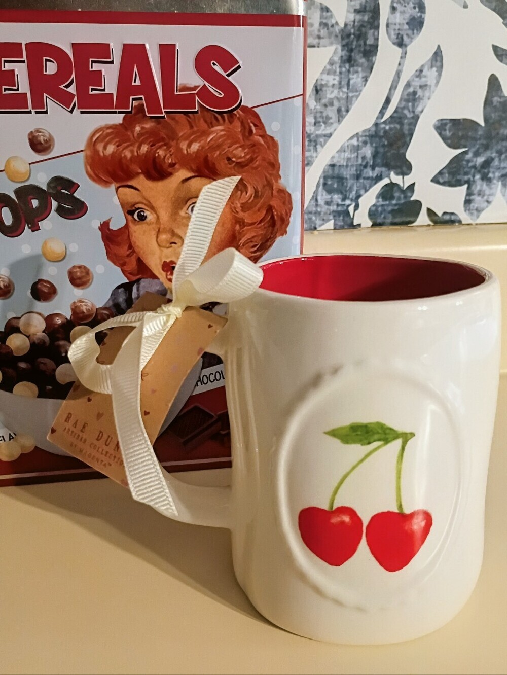Rae Dunn MON CHERRY Double Sided Cherry Mug Red Interior Coffee Cup NWT